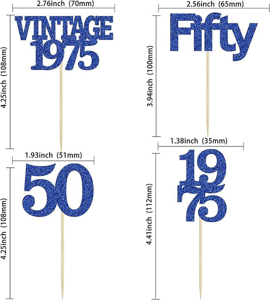 Gyufise 24Pcs Vintage 1975 Cupcake Toppers Cheers to 50 Fabulous Fifty Cupcake Picks 50th Birthday Wedding Anniversary Party Cake Decorations Supplies Deep Blue