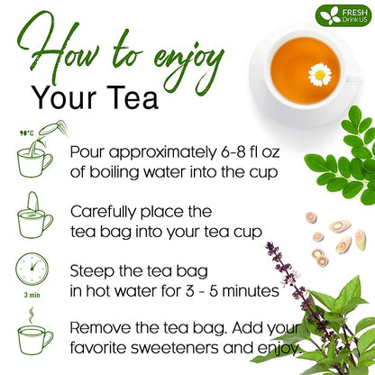 FreshDrinkUS, Premium 30 Tea Bags Tulsi Moringa Lemongrass, 100% Natural & Pure from Tulsi Holy Basil Leaves, Moringa & Lemongrass. Made with Natural Material Tea Bags. No Sugar, No Caffeine, Vegan.