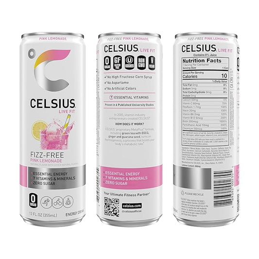 CELSIUS Fizz Free Pink Lemonade, Sugar Free Energy Drink, 12 Fl Oz (Pack of 12)
