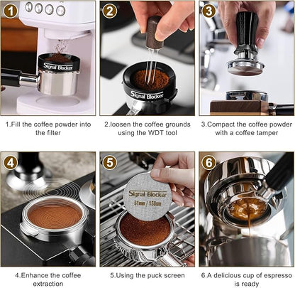 51mm Espresso Coffee Tamper for Espresso Machine: Calibrated Spring Loaded & Stainless Steel Ripple Base - Carbon Fiber Handle with Constant 30lb Fits All 51mm Portafilters | Bundle Including WDT Tool