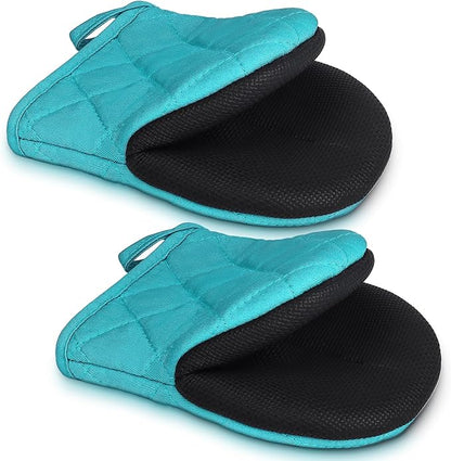 1 Pair Short Oven Mitts - Silicone Kitchen Oven Gloves High Heat Resistant 500℉, Mini Oven Mits with Non-Slip Grip Surfaces and Hanging Loop for BBQ, Baking, Cooking and Grilling (Coral Blue)