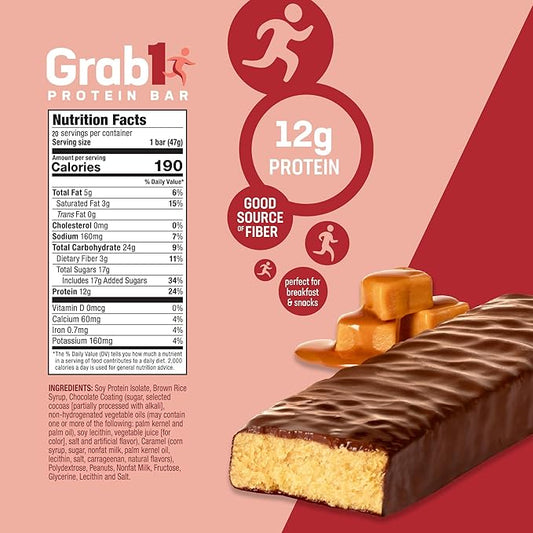 Grab1 Caramel Deluxe Protein Bars (20 Bars) | Controls Hunger | Certified Kosher | Delicious Tasting | Low Calorie | Great Meal Replacement or Snack