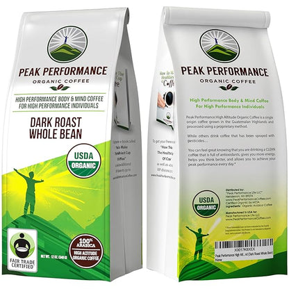 Peak Performance High Altitude Organic Coffee. Fair Trade, Low Acid, Non GMO, and Beans Full Of Antioxidants. Dark Roast Smooth Tasting USDA Certified Organic Whole Bean Coffee Bag