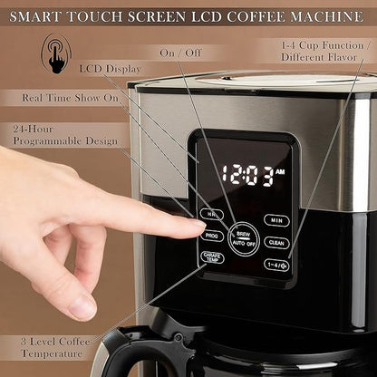Mixpresso 12-Cup Drip Coffee Maker With Lcd Touch Display, Programmable Coffee Pot Machine, Borosilicate Glass Carafe, Anti-Drip System, Stainless Steel & Black Electric Coffee Maker