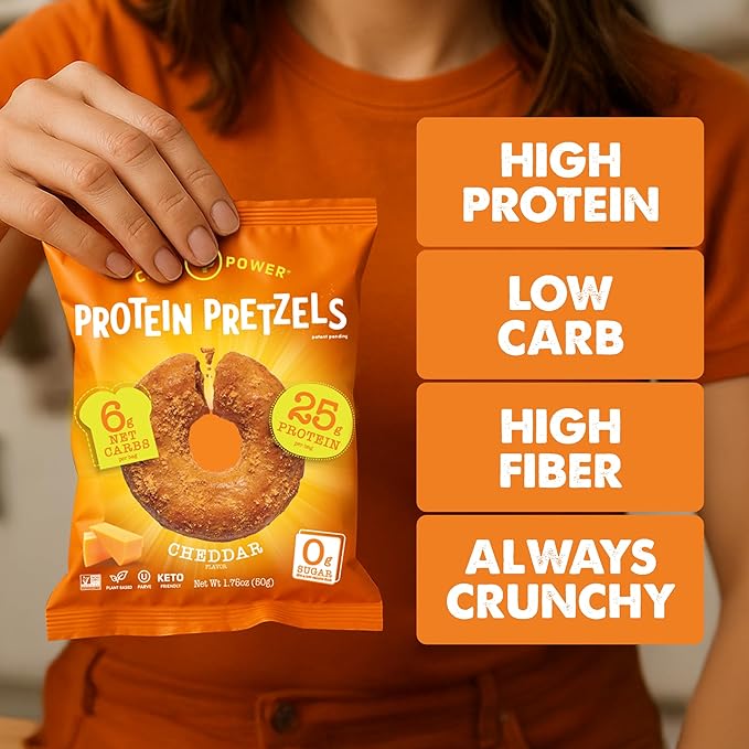 Crisp Power Protein Pretzels, NEW Cheddar, High Protein Vegan Keto Snack, 25 G Plant Based Protein, Low Carb Crunchy Pretzel Snacks, No Added Sugar, No Seed Oils, 1.75 oz Bags, 6 Pack