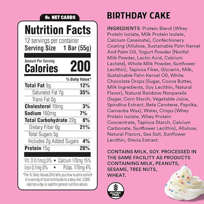 JUNKLESS Protein Bars - Birthday Cake - 15g Protein, Low Sugar, Gluten Free, High Fiber, Delicious Taste and Texture, Satisfying, Healthy Snack for Energy - 12 Bars
