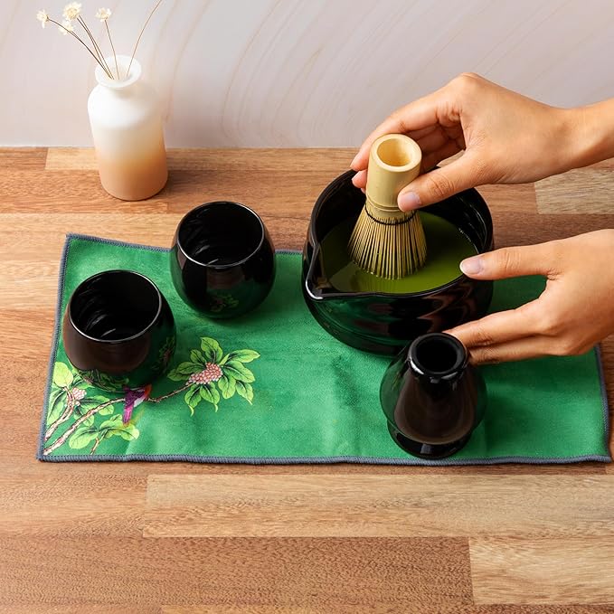 Marce Matcha Whisk Set- Matcha Set includes Matcha Whisk and Bowl (Bowl with Spout), Sifter, Holder and Scoop- The Perfect Bamboo Whisk for Matcha Tea (Black- 7PC)