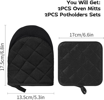 Oven Mitts and Pot Holders Set, Pack of 4, Heat Resistant Silicone Kitchen Mini Oven Mittens for 500 Degrees, Mini Oven Gloves and Hot Pads for Baking Grilling Barbecue Microwave Machine Washable