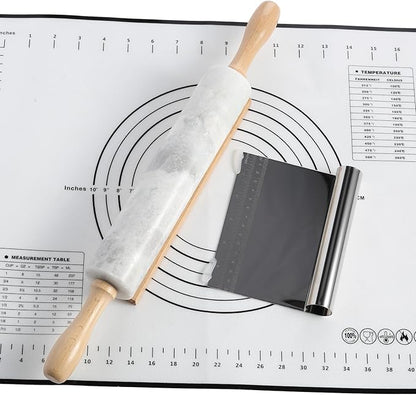 Koville African Natural Marble Rolling Pin, Non-Stick Polished Dough Roller, Pasta, Dumpling, Fondant, Pie Crust, Bread, Pizza Dough, Kitchen Baking Pastry Tools with Mat/Scraper(Grigio Fantasy)