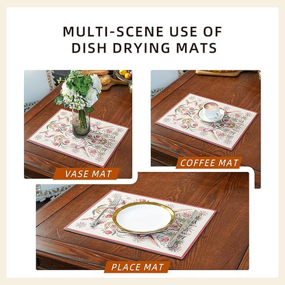 Dish Drying Mat Coffee Mat Rubber Backed Soft Silicone Dish Drying Mat for Kitchen Counter or Sink for Kitchen Bathroom Coffee Bar (Birds and Flowers, 16 x 24 Inches)