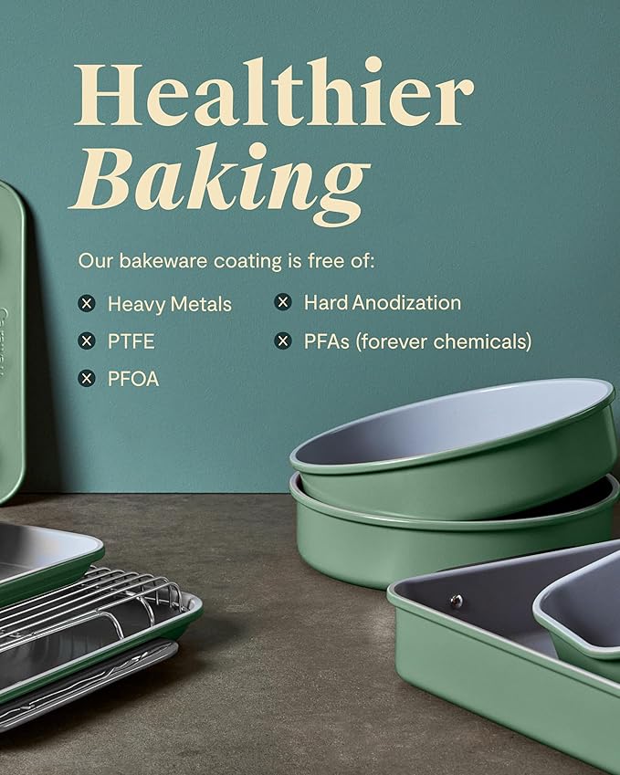Caraway Nonstick Ceramic Bakeware Set (11 Pieces) - Baking Sheets, Assorted Baking Pans, Cooling Rack, & Storage - Aluminized Steel Body - Non Toxic, PTFE & PFOA Free - Sage