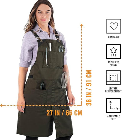 Under NY Sky Cross-Back Moss Green Apron – Durable Twill with Leather Reinforcement and Split-Leg – Adjustable for Men and Women – Pro Chef, Tattoo, Baker, Barista, Bartender, Stylist, Server Aprons