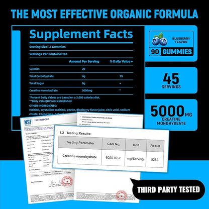 Creatine Monohydrate Gummies 5g for Men & Women - Boost Focus,Strength, and Endurance, Anti-Melting Formula, Vegan, Gluten-Free, Non-GMO, 2.5 Gram Creatine per Gummy (Blueberry 90 ct)