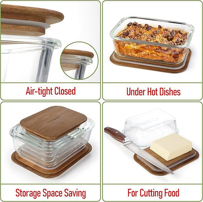Glass Tupperware Set with Acacia Lids - 4 Stackable Meal Prep Containers. Durable heat resistant Inert Borosilicate Glass