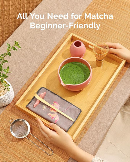 Maestri House Matcha Whisk Set, 7 Pcs Complete Matcha Kit with Spouted Ceramic Bowl, Bamboo Whisk & Holder, Scoop & Sifter, Tea Cloth – Ideal Gift for Matcha Lovers(Pink)