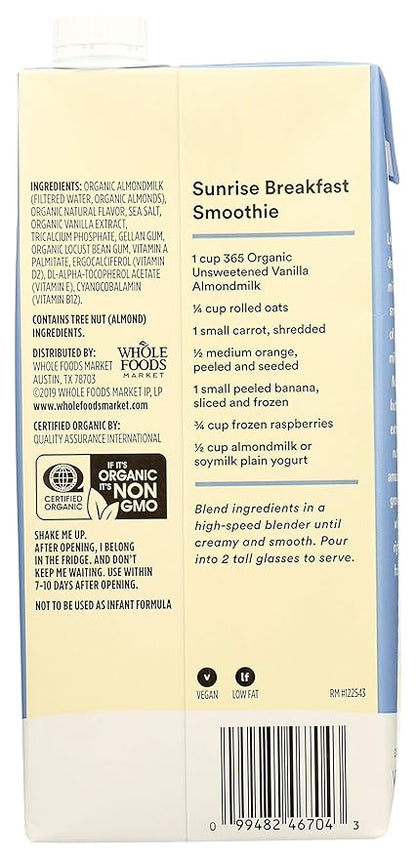 365 by Whole Foods Market, Organic Unsweetened Vanilla Almond Milk, 32 Fl Oz (Pack of 2)