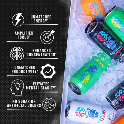 Gorilla Mind Energy Drink | Unmatched Energy · Amplified Focus | N-Acetyl-L-Tyrosine, Alpha-GPC, 200mg Caffeine, Uridine, Saffron | 0 Sugar Or Artificial Colors | 16oz, 12-Pack (Mango Peach)