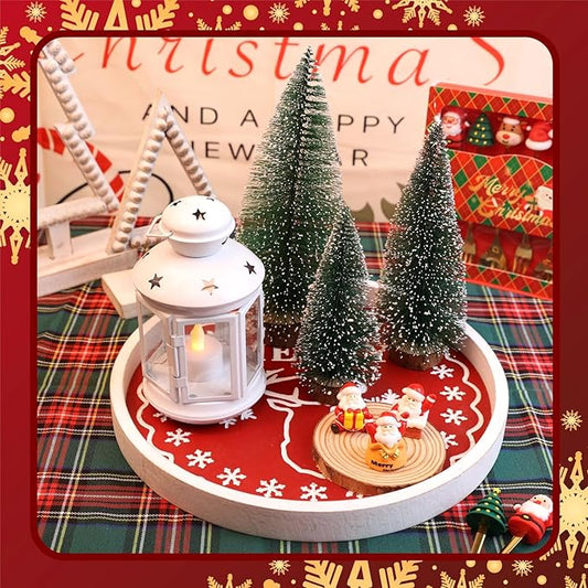 Christmas Reindeer Wood Decorative Ottoman Tray for Coffee Table Kitchen Counter, Living Room, Round Handcrafted Red Wooden Serving Tray for Table Centerpiece