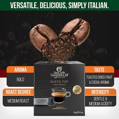 Gran Caffè Garibaldi Espresso Pods, Italian Roasted Compatible Nespresso Original Line Machines, 100% Arabica Blend, Brazilian & Central American Beans, Cocoa Aroma - Gusto Top (Aluminum) 50 Cups