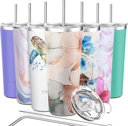 THILY Stainless Steel Vacuum Insulated Tumbler 26 oz Travel Mug Wide Mouth Coffee Cup with 2 Lids and Straws, Splash Proof, BPA Free, Keep Iced Drinks Cold, Golden Bloom Whispers