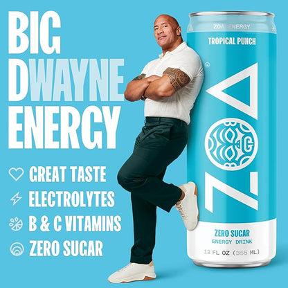 ZOA Zero Sugar Energy Drinks, Tropical Punch - Sugar Free with Electrolytes, Healthy Vitamin C, Amino Acids, Essential B-Vitamins, and Caffeine from Green Tea - 12 Fl Oz (12-Pack)