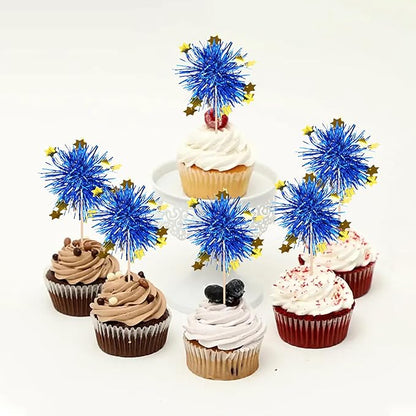 30 PCS Foil Firework Cupcake Toppers Happy Birthday Star Cupcake Picks Sparkle Tinsel Drink Stirrers Cocktail Fruit Toothpicks for Valentine's Day Wedding Birthday Party Decorations Supplies Blue