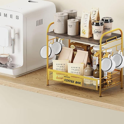Coffee Bar Organizer for Countertop Station, Simple Assembly 2 Tier Shelf for Home,Office, Coffee Cup Holder Storage Organization for Counter Accessory Storage Rack with 4 Hooks Space-Saving