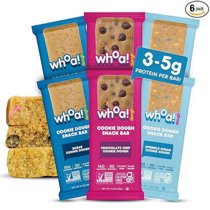 Whoa Dough Allergen Friendly Edible Cookie Dough Bars- Certified Non-GMO, Kosher and Gluten Free Bar - Healthy Snack Foods - Plant Based Snacks - Real Ingredients - Variety Pack (6 Bars)