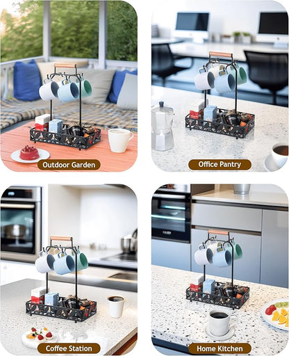 Coffee Mug Holder for Countertop, Mug Tree & Mug Rack with Storage Basket, 2-in-1 Organizer Holds 4 Large Mugs, Kitchen Cup Holder for Coffee Bar Accessories, Pods & Tea Bags, Black Metal with Handle