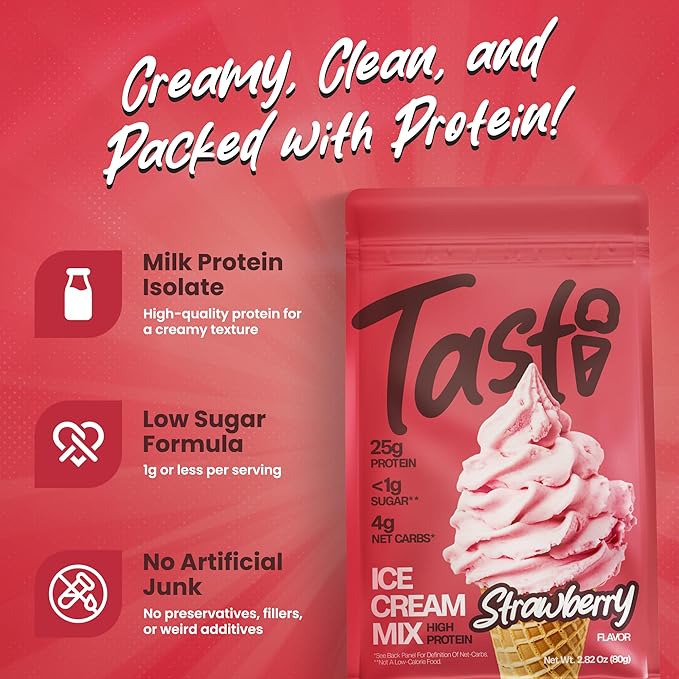 TASTI High-Protein Ice Cream Mix - Strawberry Flavor Low Sugar Ice Cream Powder - Made for Ninja Creami, Soft Serve Mix with 25g Protein, <1g Sugar, 4g Net Carbs