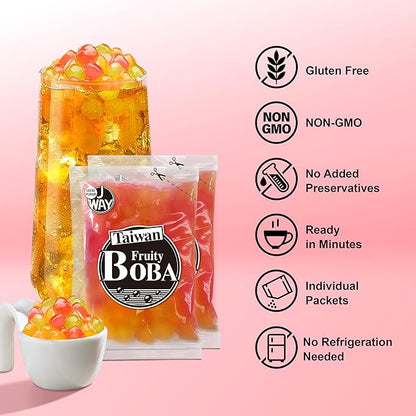 J WAY BOBA Authentic Instant Tapioca Boba Pearls for Milk Tea, Smoothies and Desserts, Tropical Fruit Flavor (Ready in Just 20 Seconds) - 4 Servings