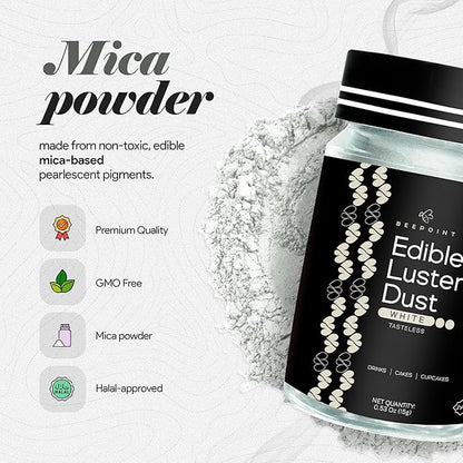 BeePoint White Edible Luster Dust 15g - Food Grade, Vibrant Color Shimmer Powdered Dust for Drinks, Cocktails, Cake Decorating, Baking, Chocolates, Candy, Sweets, & Cookies - Vegan & Gluten Free