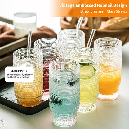 KEMORELA Glass Cups Vintage Glassware Set of 6 Large, Hobnail Drinking Glasses, 16oz Glass Cups With Straws, Romantic Hobnail Highball Glasses, Bar Beverages Ice Coffee Cup Glassware