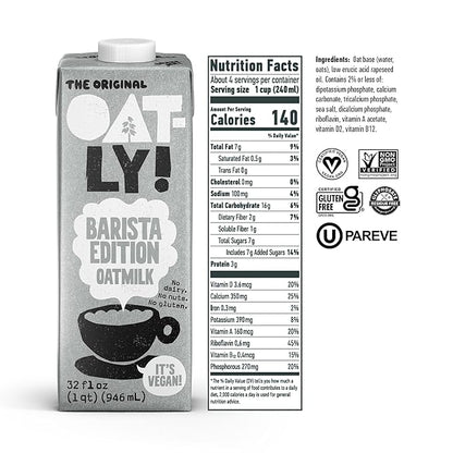 Oatly Barista Edition Oat Milk - Crafted for Coffee | Dairy-Free, Plant-Based, Shelf-Stable Milk that makes Perfect Foam (32 oz, 6-pack)