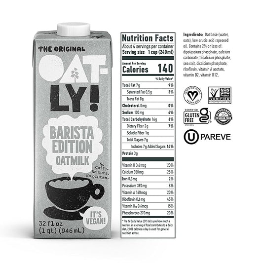 Oatly Barista Edition Oat Milk - Crafted for Coffee | Dairy-Free, Plant-Based, Shelf-Stable Milk that makes Perfect Foam (32 oz, 6-pack)