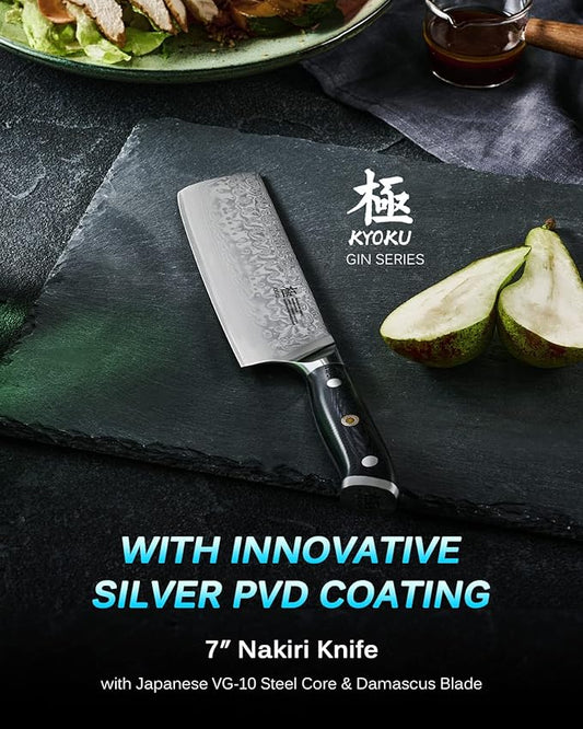 KYOKU Gin Series Nakiri Knife, 7" Vegetable Knife, Japanese VG10 Damascus Stainless Steel Kitchen Knife with Silver Ion Blade G10 Handle & Mosaic Pin, Professional Chef Knife for Veg Fruit Meat