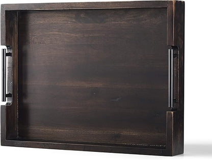 Ottoman Tray, Acacia Wood Serving Tray with Metal Handles, 16.5x12.5in Food Drinks Tray for Coffee Table, Breakfast, Dinner & Bar, Rustic Decorative Storage Tray for Ottoman, Kitchen, Packaging