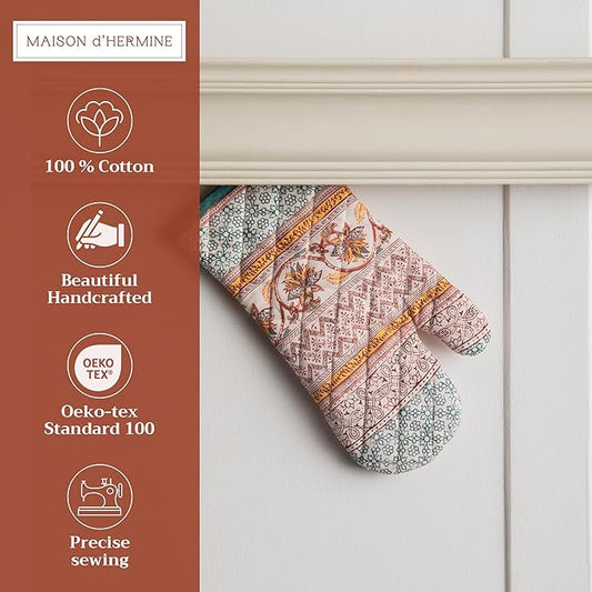 Maison d' Hermine Oven Gloves 100% Cotton Oven Mitt 7" x 13" with Loop Heat Resistant, BBQ, Cooking Gloves, Baking, Grilling, Kitchen, Handling Hot Pans (Pack of 1, Nila)