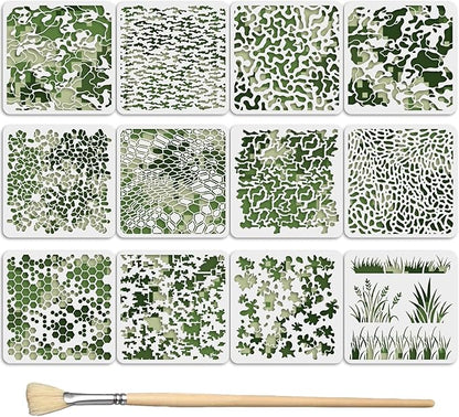 12PCS Camo Stencils for Spray Paint 12 x 12 Inch Camouflage Pattern Stencils with Brushes Grass Pattern Stencil Reusable Camo Stencil for Painting Wood Boat DIY Crafts Spray Painta