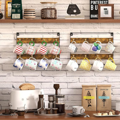 Mug Racks for Wall, Coffee Mug Holder Wall Mount Up to Hold 24 Mugs, Coffee Mug Rack Wall Mounted（3Pack） for Kitchen, Home, Coffee Bar, Rustic Wood and Iron
