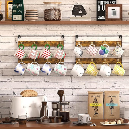 Coffee Mug Holder Rack Organizer - Wall Mounted Rack to Hold Up to 16 Mugs (2Pack), Rustic Wood Cup Organizer Rack & Display Shelf for Kitchen, Coffee Bar, Home, Office