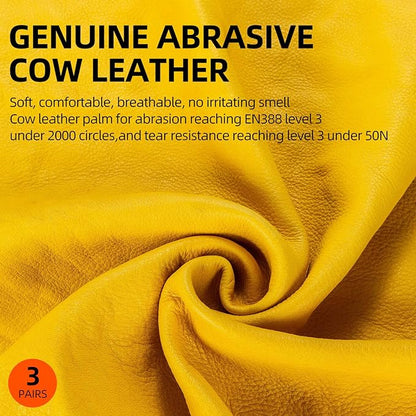 Vgo... 3-Pairs Unlined Cow Grain Leather Work and Driver Gloves with Cow Split Leather Palm Patch (Size M, Gold,CA9590)