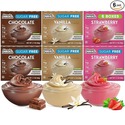 Simply Desserts Vanilla, Strawberry & Chocolate Instant Pudding, Sugar-Free, Variety 6-Pack – Healthy Dessert, Keto Snacks, Vegan & Diabetic-Friendly, Kosher, 1.7 Oz Ea