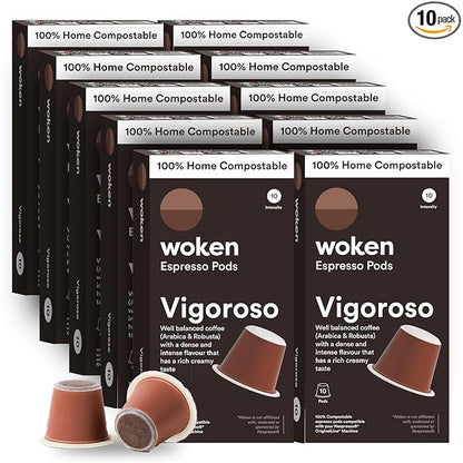 WOKEN COFFEE Compostable Nespresso Pods - Vigoroso Dark Roast Italian Espresso Coffee Capsules Compatible With Nespresso Coffee Machine (100 Pod Count, 10 Boxes)