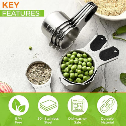 Spring Chef Magnetic Stainless Steel Measuring Cups (Patent Pending), Kitchen Tools with Easy to Read Markings for Measuring Dry or Liquid Ingredients, Set of 7, Black