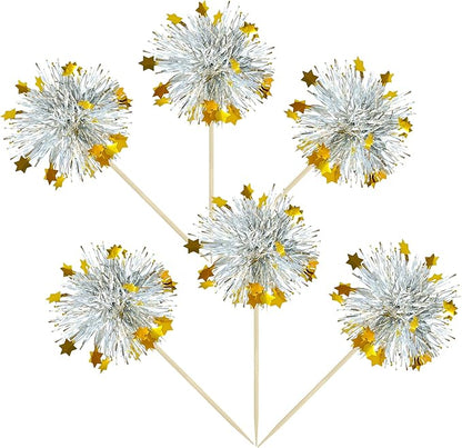 Ephlyn 30Pcs Foil Firework Cupcake Toppers Sparkle Tinsel Cupcake Picks Happy Birthday Cake Decorations Drink Stirrers Cocktail Food Fruit Toothpicks for Baby Shower Graduation Party Supplies Silver
