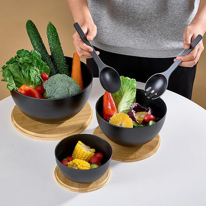 Large Salad Bowls with Bamboo Lids Set of 3, Mixing Nesting Bowls Round Serving Bowls with Servers for Salads, Kitchen Eating, Pastas, Popcorn, Chips, Trifle, Fruit, Food Prepare (Black,10",8",6" )