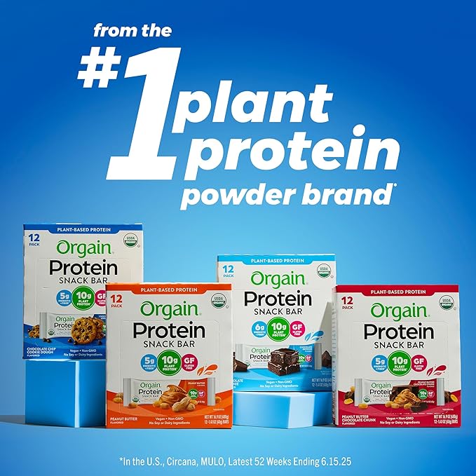 Orgain Organic Vegan Protein Bars, Chocolate Chip Cookie Dough - 10g Plant Based Protein, Low Calorie Healthy Snacks, No Lactose or Soy Ingredients, Gluten Free, Non-GMO - 1.41 Oz (Pack of 12)