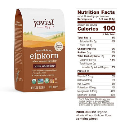 Jovial Organic Einkorn Whole Wheat Flour - Bread Baking Flour for Sourdough, High Protein, Non-GMO, Organic Pizza & Pasta Flour, European Italian Flour, Glyphosate Free - 32 Oz
