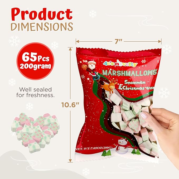 4E's Novelty Sweet Christmas Marshmallow Soft Candy Treats 65pcs (200gram) Bulk Snowman & Santas Shapes, Christmas Candy Stocking Stuffers Snacks, Party Favor for Kids & Adults